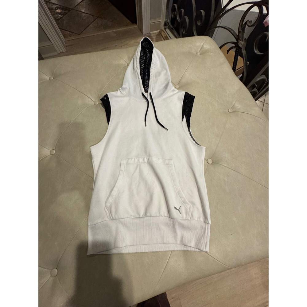 Puma Womens Sleeveless Hoodie White Black Mesh Hooded Vest Athletic Top Small